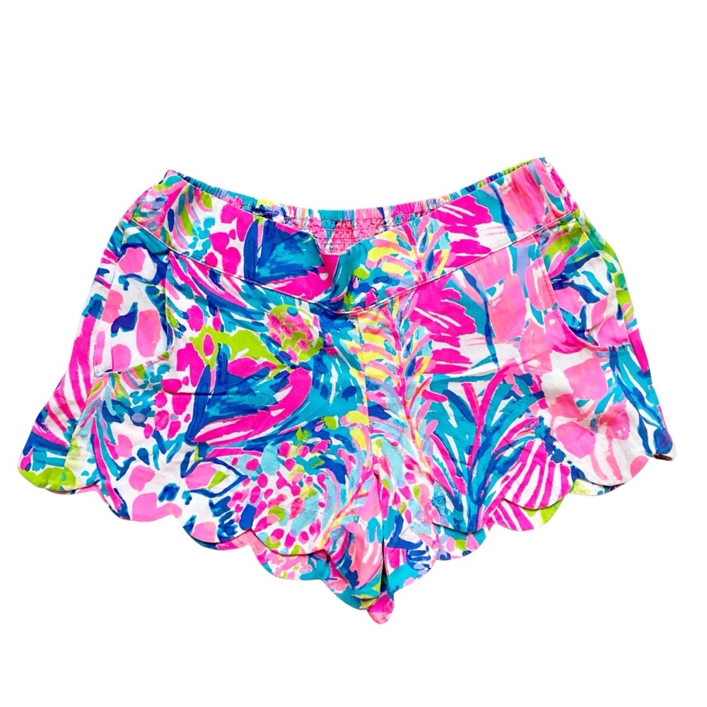 Lilly Pulitzer Dahlia Shorts Scalloped Hem Pink Blue Pull On 4” Inseam Size XS